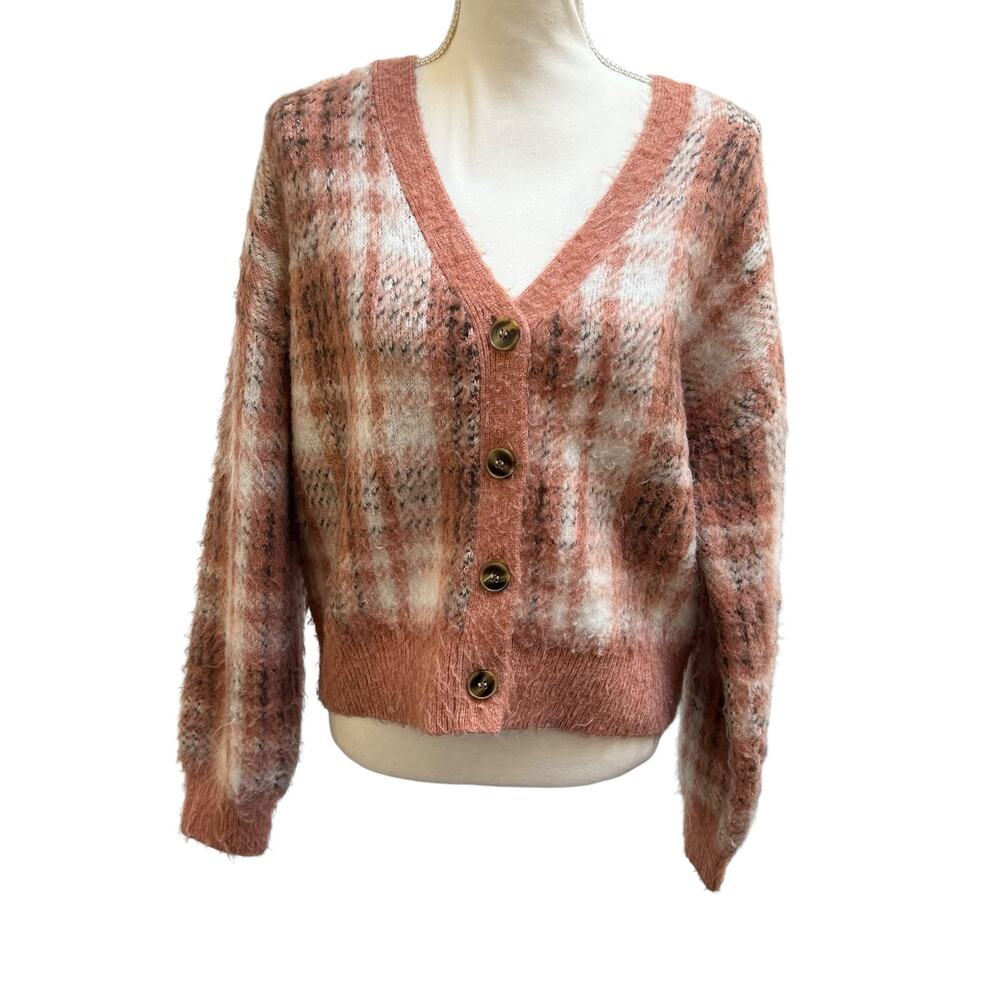 Cupcakes and Cashmere Pink Plaid Button Front Fuzzy Cardigan Sweater L
